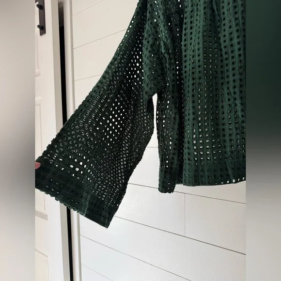 Asos Womens Eyelet Top Blouse Hunter Green Cotton Bell Sleeve Mock US Size 14 - Picture 3 of 8